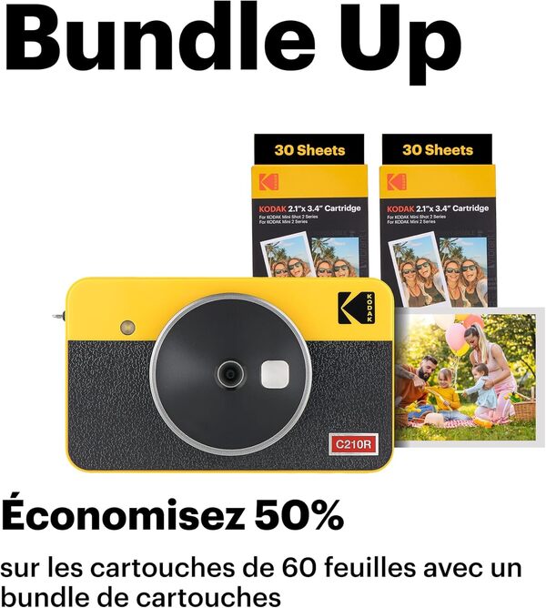 Kodak Mini Shot 2 Retro 4Pass 2-in-1 Appareil Photo Instantané et Imprimante Photo Portable (5,3x8,6cm) + Paquet avec 68 Feuilles, Jaune