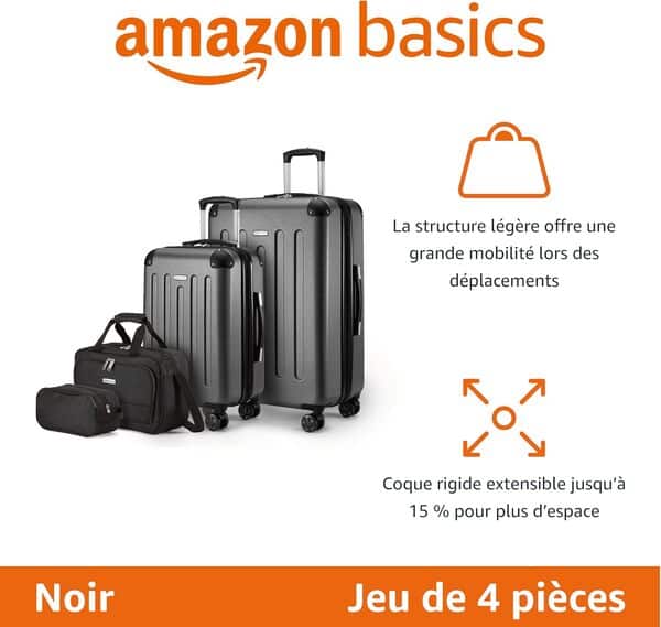 Amazon Basics Ensemble de Bagages Rigides, 4 Pièces, Grande Valise, Bagage Cabine, Sac Fourre-Tout, Sac de Voyage Compact, Extensible, 4 roulettes Pivotantes, Noir