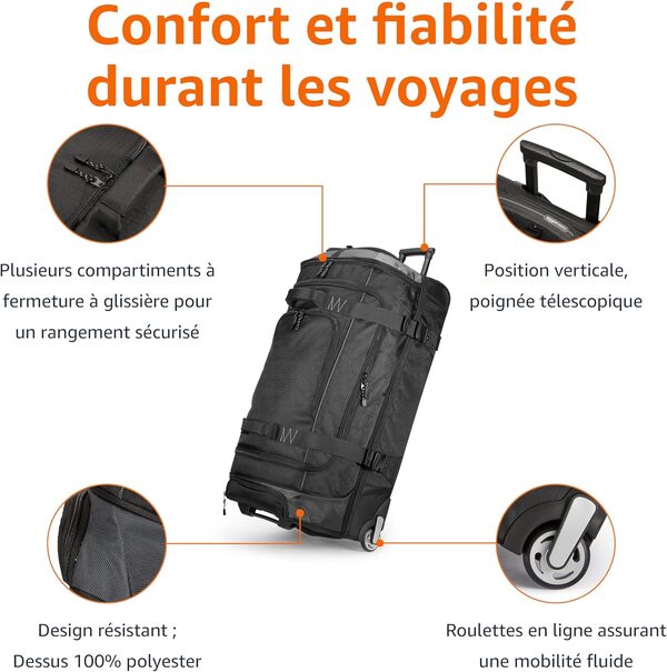 Amazon Basics Sac de Voyage à Roulettes Grand (89 cm, 137 litres),Léger et Durable en Tissu Indéchirable,Grande Capacité avec Manche Télescopique, Idéal pour les Voyages,le Travail et les Loisirs,Noir