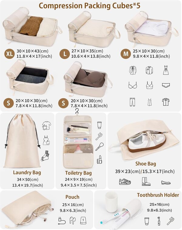 Lot de 10 cubes d'emballage de compression, organiseurs d'emballage, sacs de rangement extensibles pour valises, cubes de rangement de voyage pour essentiels de voyage, beige
