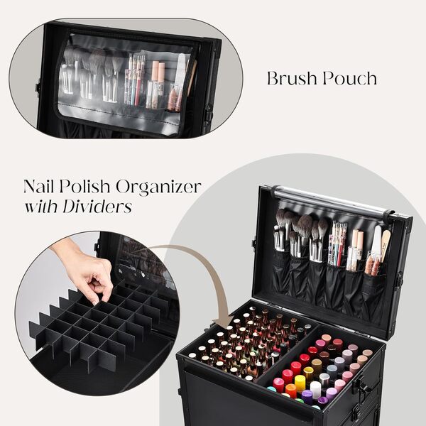 Mallette de maquillage à roulettes avec table et tiroirs - Mallette à ongles avec roulettes - Grande mallette de coiffure, table de manucure, station de maquillage mobile, Noir, xxl, Mallette