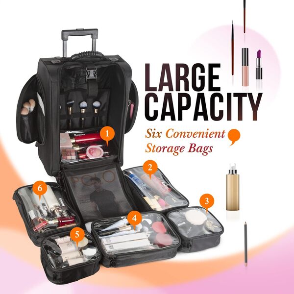 Kemier Mallette Maquillage en Nylon Souple à roulettes avec Pochettes, Organiseur Cosmétique Portatif de, Noir