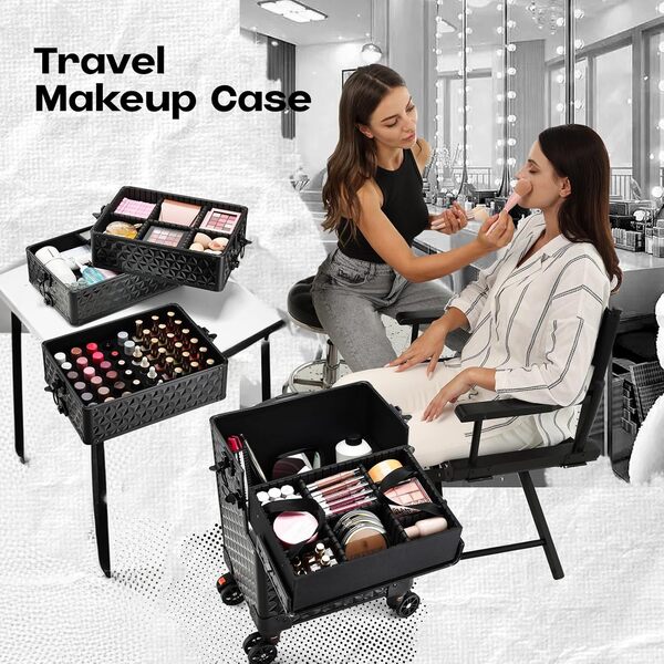 Valise Maquillage 5 en 1 Malette Maquillage Professionnelle sur roulettes Malette Onglerie Aluminium Valise Coiffure Trolley Maquillage Valise Esthetique, Noir Clair