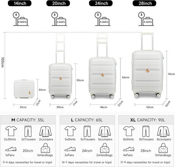 Sea choice Set de Bagages Rigide Ensemble de Bagages Trolley Voyage Léger M-L-XL Con Vanity Lot de 4 Valises Polypropylène Résistant Set 4pcs Con 4 Doubles Roues Serrure TSA YKK Zipper,Blanc Ivoire