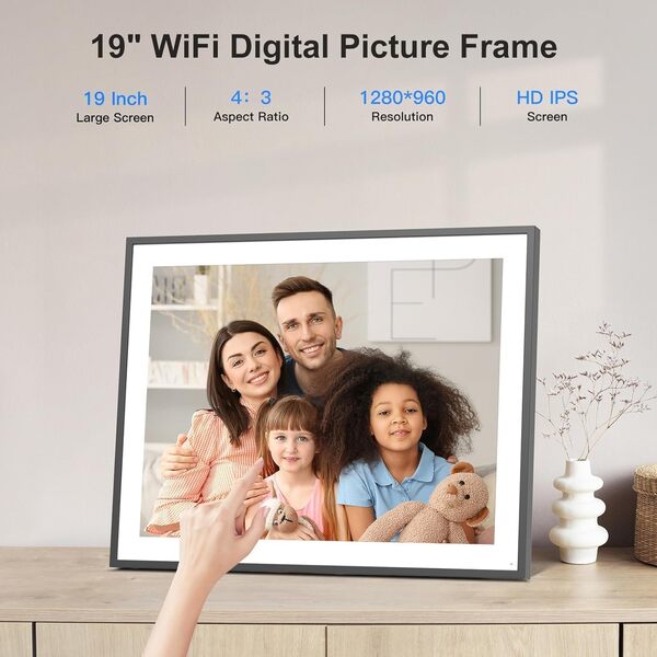 Grand cadre photo numérique double WiFi de 48,3 cm – 64 Go pleine fonction, capteur de lumière, partage instantané de photos et vidéos via l'application e-mail, stockage illimité dans le cloud,