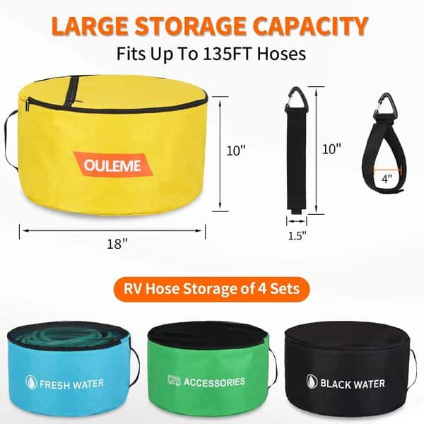 OULEME Lot de 4 grands sacs de rangement étanches pour tuyau d'égout, tuyaux d'eau fraîche/noire, cordons électriques et sacs d'organisation, accessoires de remorque de voyage pour camping-car, sac
