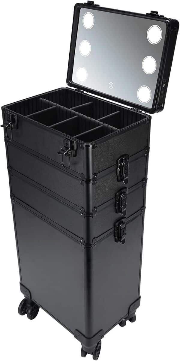 LEADZM Valise de Maquillage Professionnelle 4-en-1 avec Lumières LED, Prise USB, Mallette Cosmétique en Aluminium Verrouillable, roulettes 360°, pour Voyage, Maquillage, Manucure et Coiffure