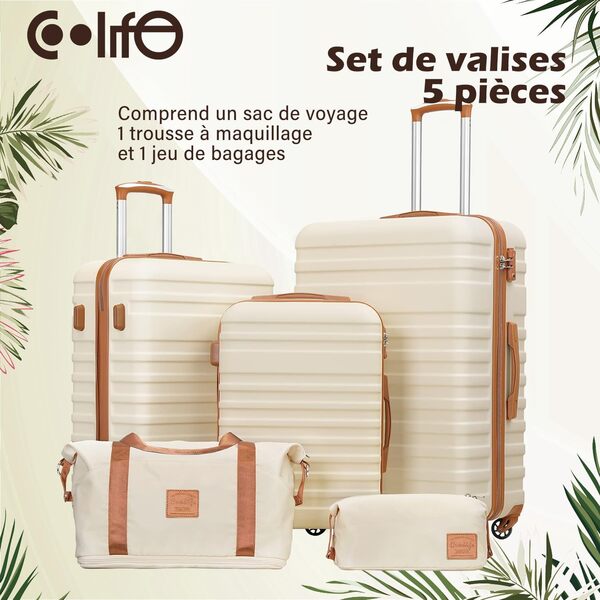 COOLIFE Set de Valises-Voyage Valise ABS avec Cadenas TSA Poignée télescopiq,1 Bagage Cabine Extensibles et 1 Portable Trousse de Maquillage (Abricot/Blanc, Set de 5 pièces)