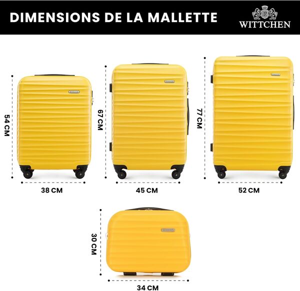 WITTCHEN Valise de Voyage Set de 4 valises Valise à roulettes Bagages à Main Set de valises de Voyage en ABS avec 4 roulettes pivotantes Serrure à Combinaison Poignée télescopique Groove Line Jaune