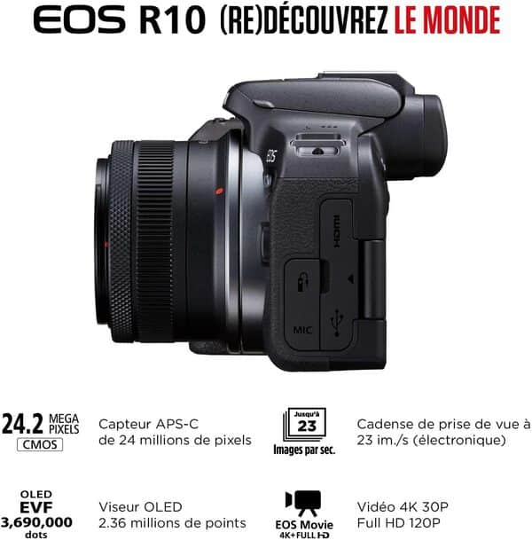 Canon EOS R10 Appareil Photo Hybride Format APS-C 24 Mpixels Noir Plus Objectif Canon RF-S 18-45mm F4.5-6.3 is STM Standard