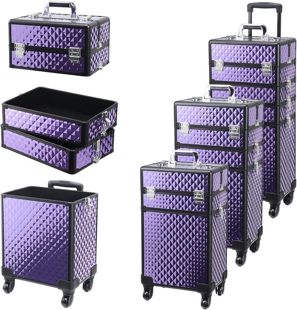 Qivange 4 en 1 Valise de Maquillage Trolley Grande Valise de Maquillage pour Dames Valise de Coiffeur avec roulettes pivotantes à 360° Valise de Maquillage verrouillable avec Beautycase pour Voyage