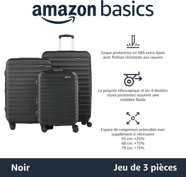 Amazon Basics Valise de voyage à roulettes pivotantes, Ensemble 3 pièces (55, 68, 78 cm), Noir