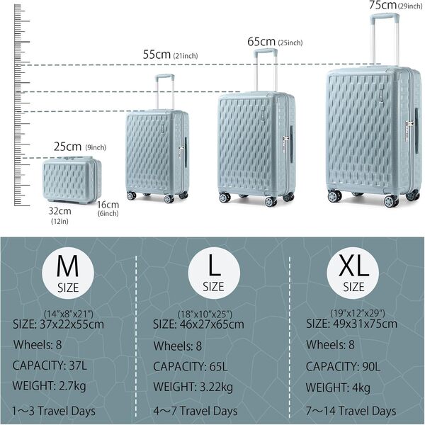 Sea choice Set de Bagages Renforts d'angle Valises à Coque Dure Lot de 4 Valises de Voyage avec Vanity Polycarbonate Rigide 8 roulettes avec Serrure TSA Bagage 4pièces(55cm/65cm/75cm)(GUANYAO Gris)