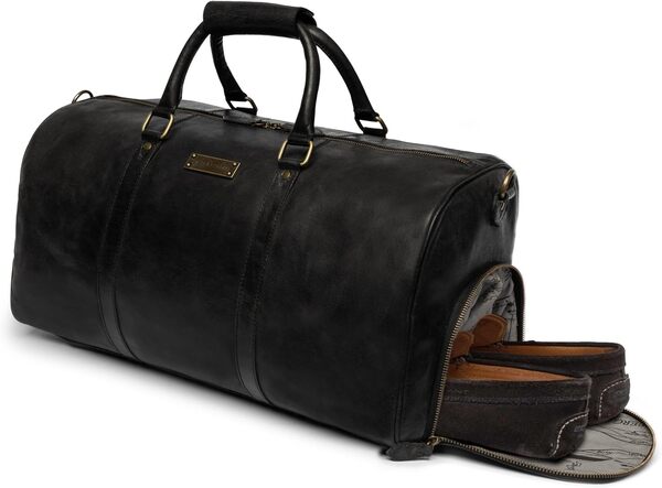DRAKENSBERG Weekender 'Finn' - Sac de Voyage en Cuir avec Compartiment à Chaussures, Sac de Week-End et de Sport, Bagages à Main, Femme, Homme, Fait Main Durable, 40L, Noir, DR00360