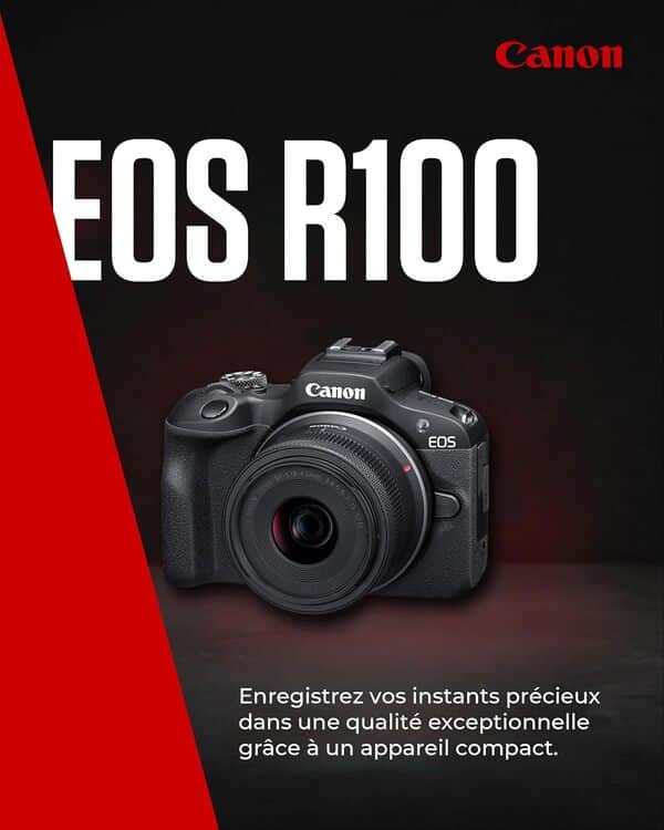 Canon EOS R100 Appareil Photo Hybride Compact à capteur APS-C stabilisé 24M Pixels, Vidéo 4K, Wi-FI, AutoFocus Dual Pixel, boitier Nu Noir
