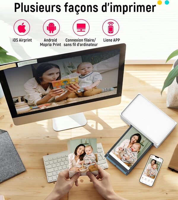Liene Amber M100 Imprimante Photo (10x15cm) + Paquet avec 100 Feuilles, pour iOS/Android/PC, Imprimante Photo de Haute Qualité Instantané, 300DPI Sublimation Thermique