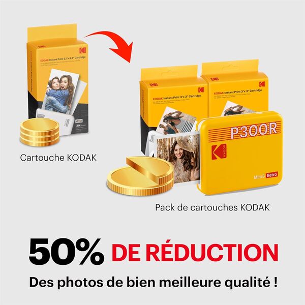 KODAK Mini 3 Retro 4PASS Imprimante Photo Portable (7,6x7,6cm) - Paquet avec 60 Feuilles, Blanc