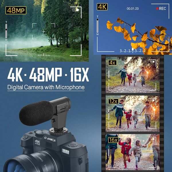 Appareil Photo Numérique 4K pour la Photographie, Appareil 48MP pour Youtube avec Microphone, WiFi et Poignée-Tripode, Caméra Vidéo avec Objectif Grand Angle&Macro, Kit pour Les Créateurs de Contenu