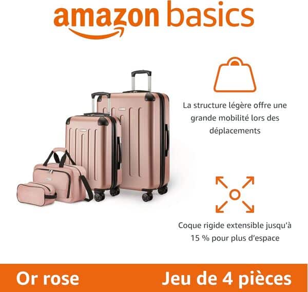 Amazon Basics Ensemble de Bagages Rigides, 4 Pièces, Grande Valise, Bagage Cabine, Sac Fourre-Tout de Voyage Compact, Extensible, 4 roulettes Pivotantes, Or Rosé