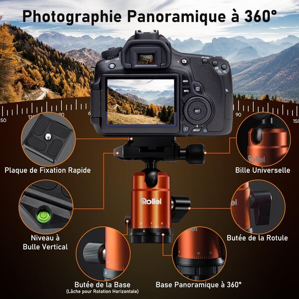 Rollei Trepied Appareil Photo Voyage, Rollei Compact Traveler No.1 Carbone Orange 145cm avec Téléphone Support Trépied Portable pour Nikon Sony Canon DSLR, Trepied-Appareil-Photo-Voyage-Tripod