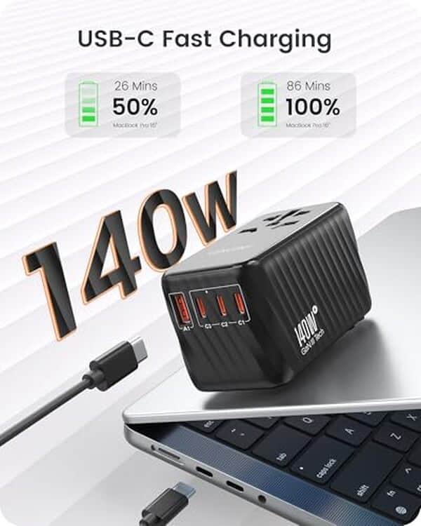 Découvrez l'adaptateur voyage Lencent 140W GaN : efficacité, polyvalence et charge rapide universelle pour tous vos déplacements.